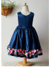 Navy Blue Satin Knee Length Flower Girl Dress With Handmade Flowers